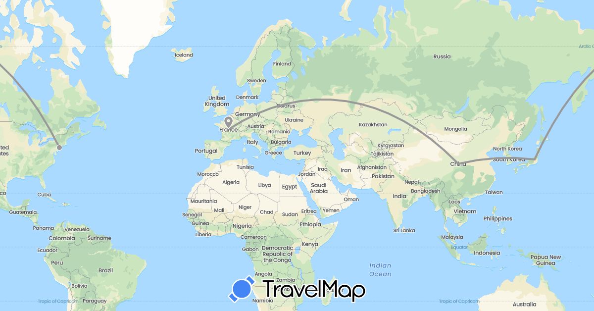 TravelMap itinerary: driving, plane in China, France, Japan, United States (Asia, Europe, North America)